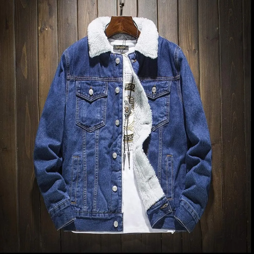 Ymosrh Mens Leather Jacket Add Wool Casual Vintage Wash Distressed Denim Jacket Coat Rain Jackets for Men Waterproof