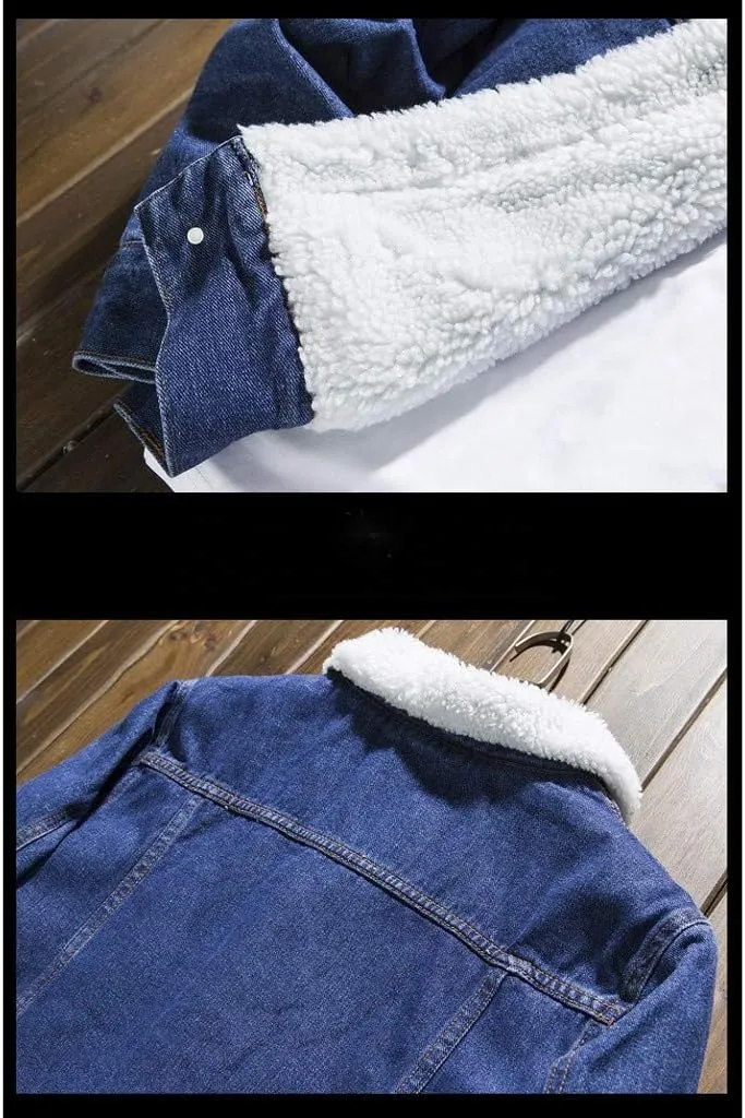 Ymosrh Mens Leather Jacket Add Wool Casual Vintage Wash Distressed Denim Jacket Coat Rain Jackets for Men Waterproof