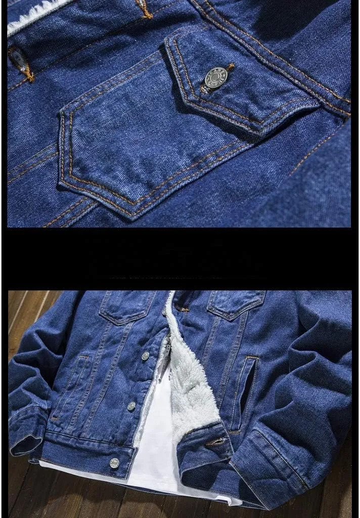 Ymosrh Mens Leather Jacket Add Wool Casual Vintage Wash Distressed Denim Jacket Coat Rain Jackets for Men Waterproof