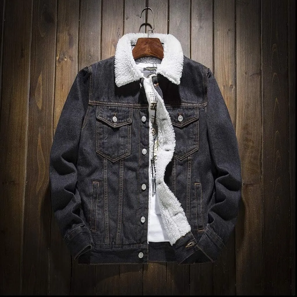 Ymosrh Winter Coats for Men Autumn Add Wool Casual Vintage Wash Distressed Denim Jacket Coat Mens Bomber Jackets