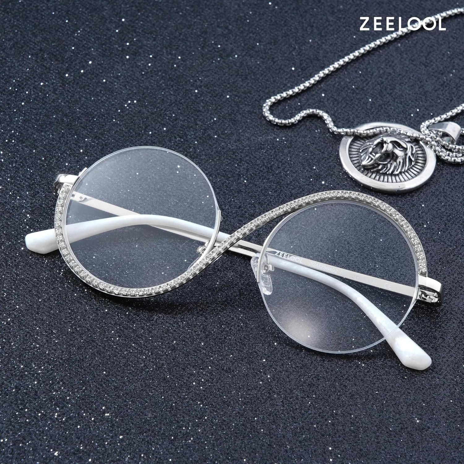 Zeelool Round Blue Light Glasses for Woman Semi-rimless Diamond Eyeglasses Half Frame Elphaba Cosplay Eyewear Glasses