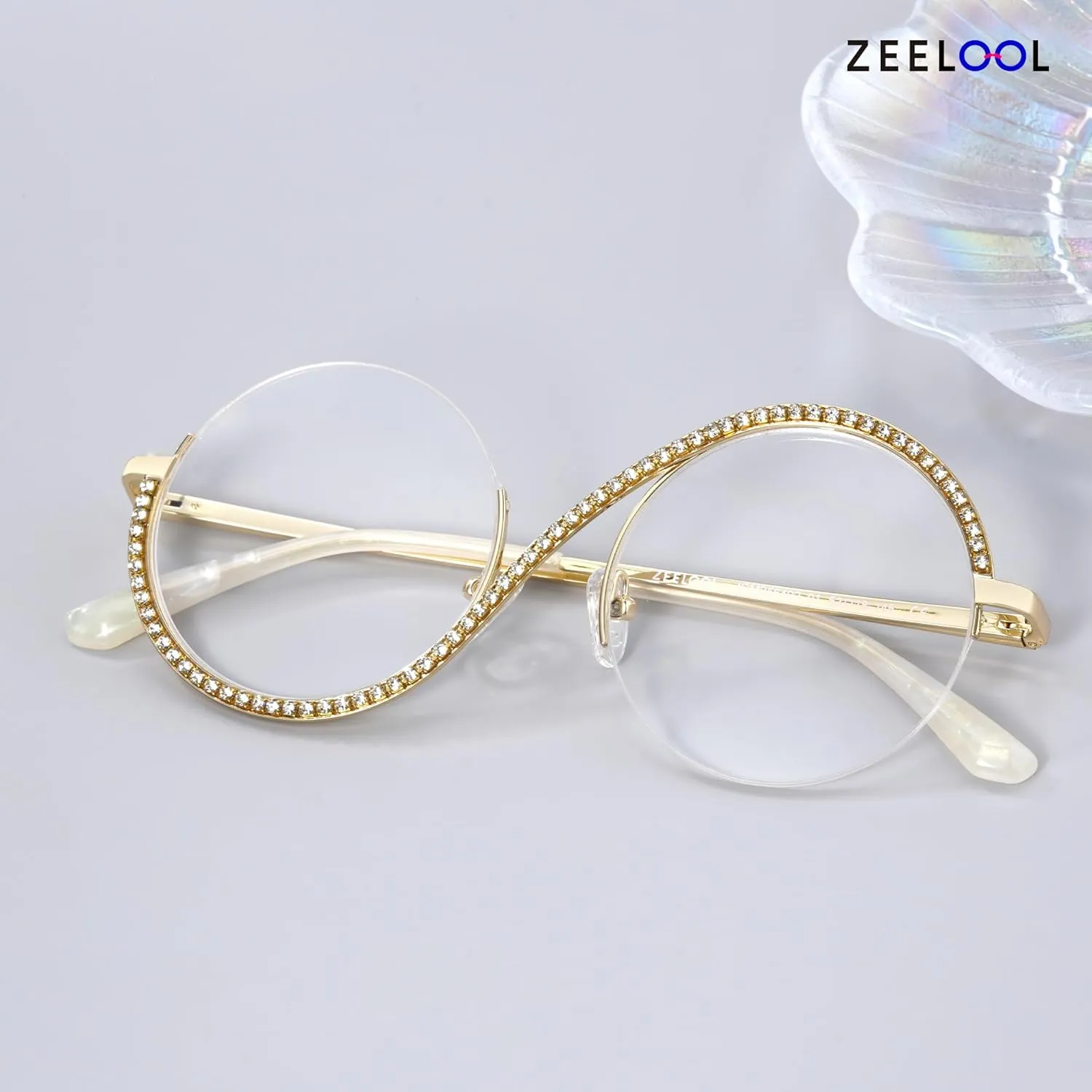 Zeelool Round Blue Light Glasses for Woman Semi-rimless Diamond Eyeglasses Half Frame Elphaba Cosplay Eyewear Glasses