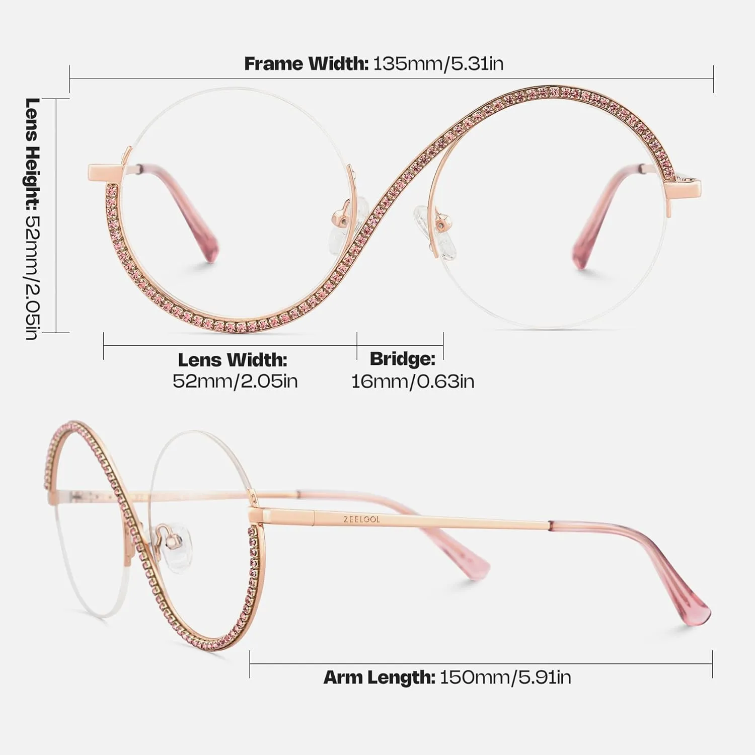 Zeelool Round Blue Light Glasses for Woman Semi-rimless Diamond Eyeglasses Half Frame Elphaba Cosplay Eyewear Glasses