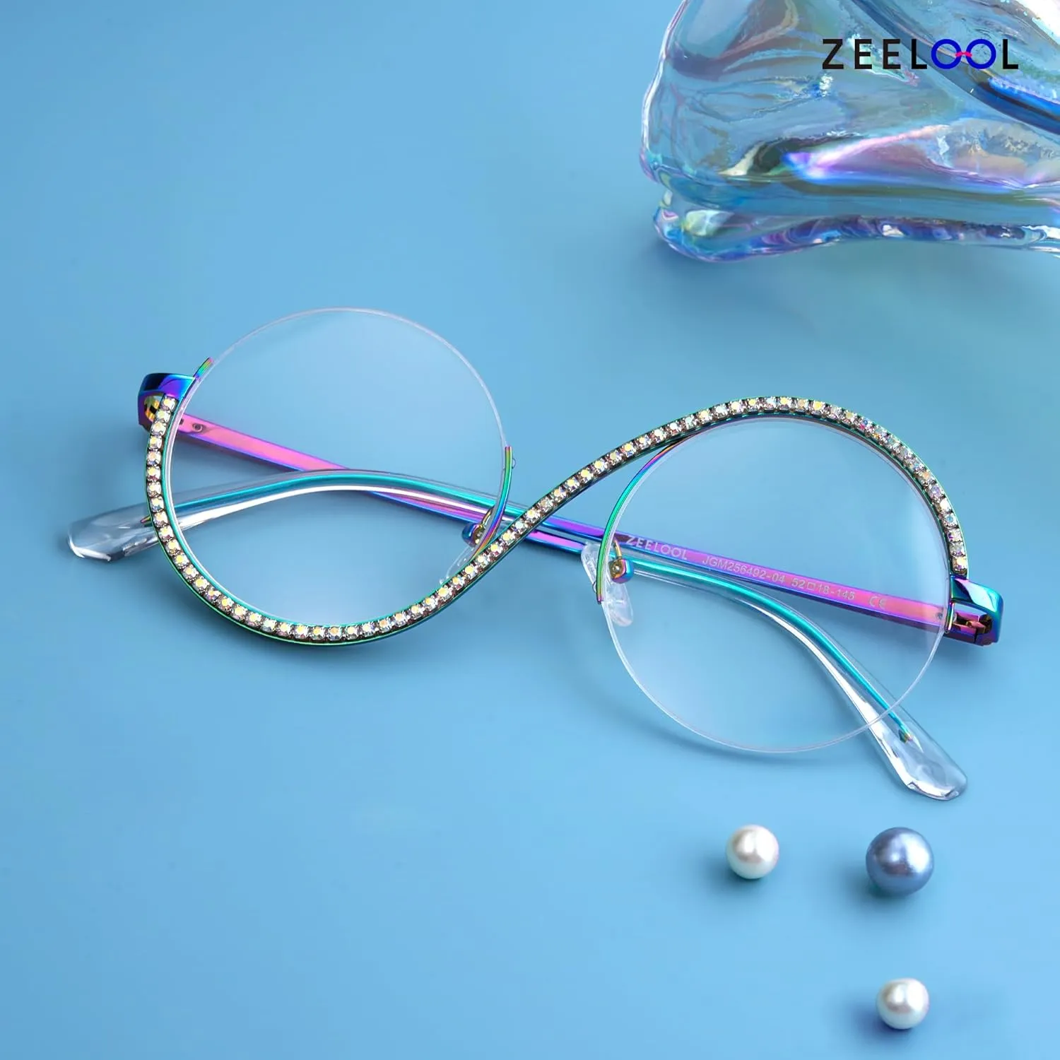 Zeelool Round Blue Light Glasses for Woman Semi-rimless Diamond Eyeglasses Half Frame Elphaba Cosplay Eyewear Glasses