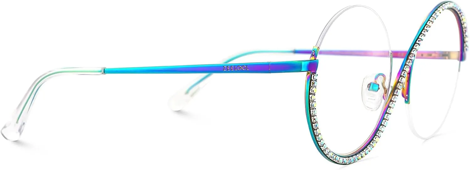 Zeelool Round Blue Light Glasses for Woman Semi-rimless Diamond Eyeglasses Half Frame Elphaba Cosplay Eyewear Glasses