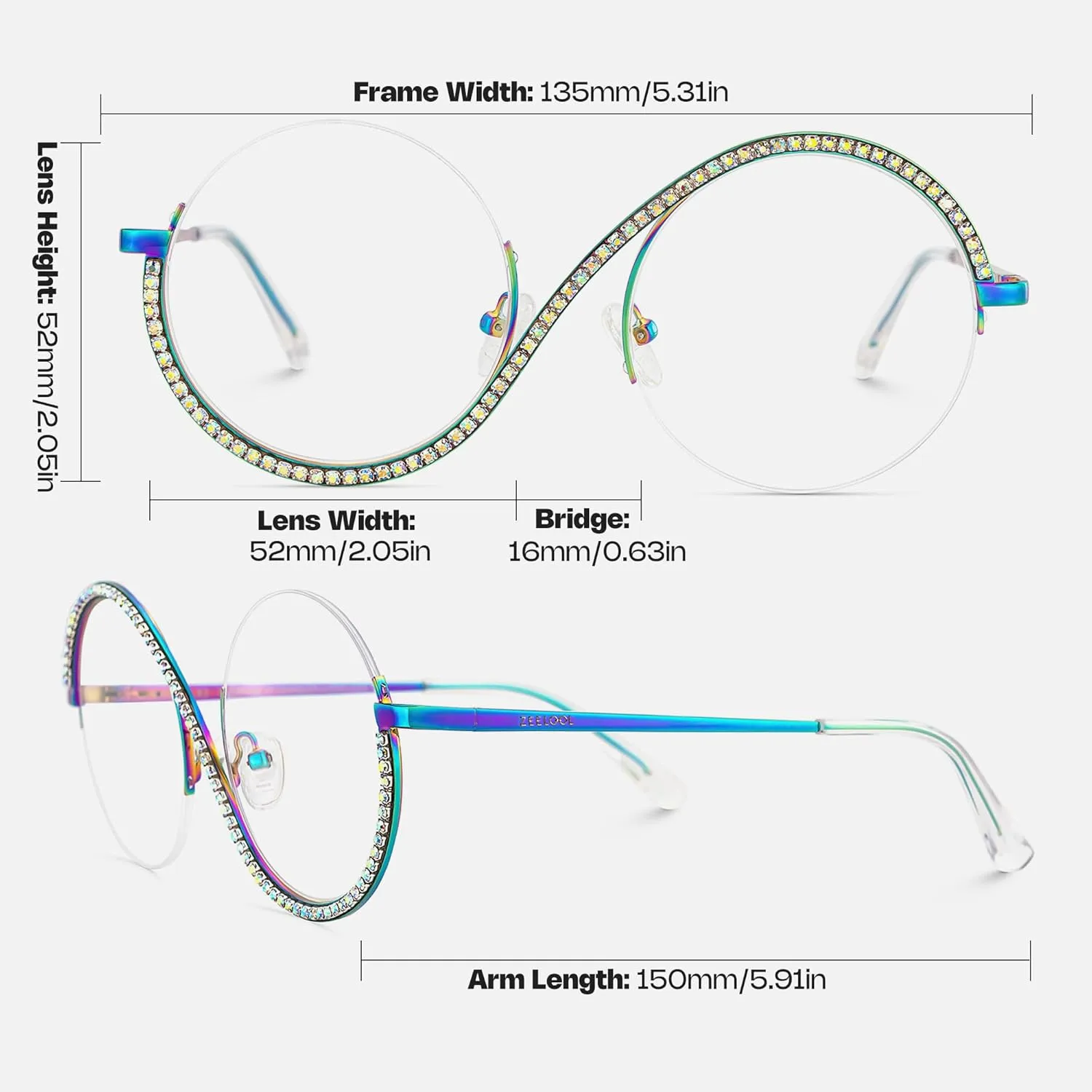 Zeelool Round Blue Light Glasses for Woman Semi-rimless Diamond Eyeglasses Half Frame Elphaba Cosplay Eyewear Glasses
