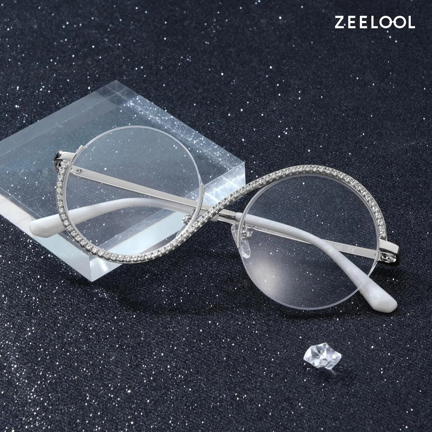 Zeelool Round Blue Light Glasses for Woman Semi-rimless Diamond Eyeglasses Half Frame Elphaba Cosplay Eyewear Glasses