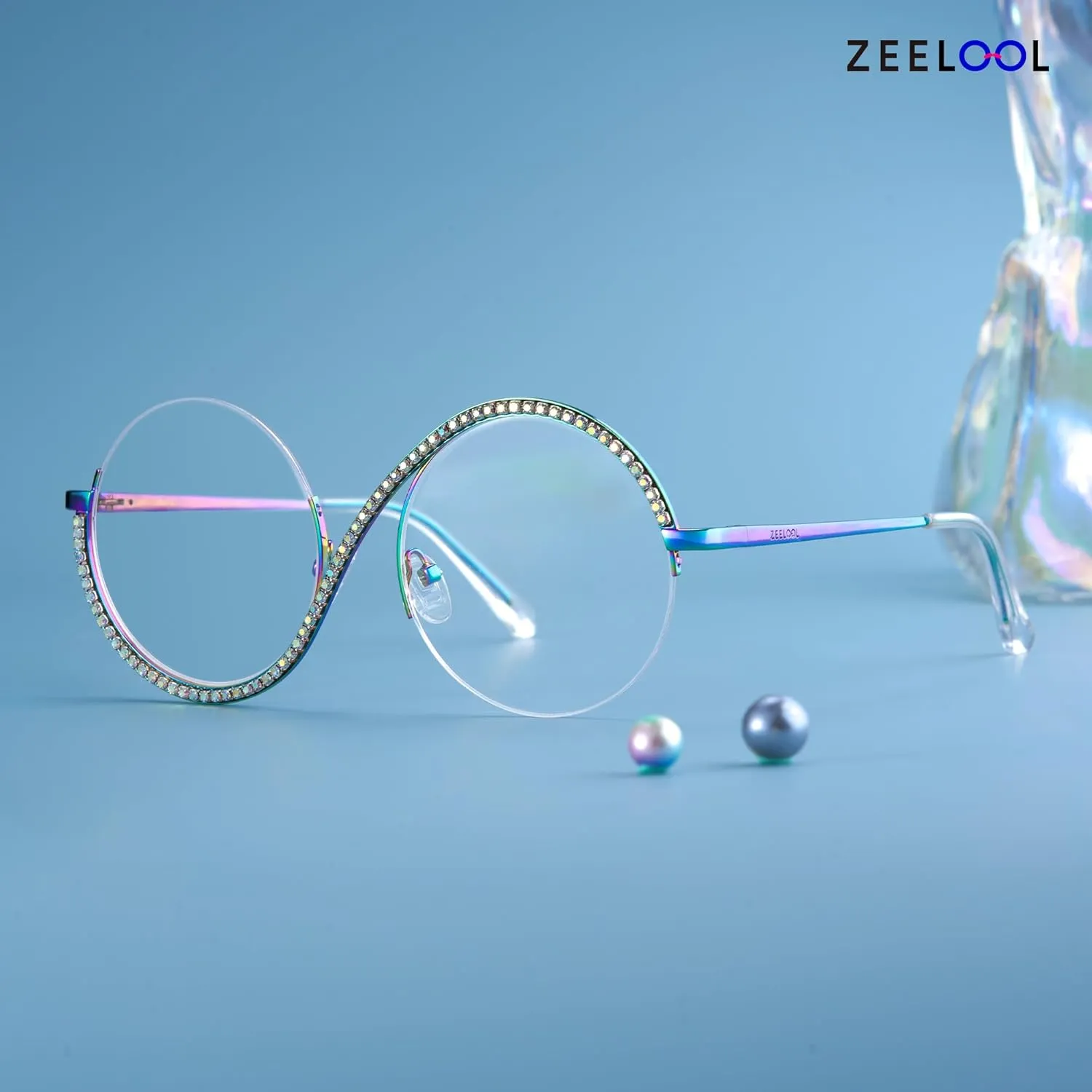 Zeelool Round Blue Light Glasses for Woman Semi-rimless Diamond Eyeglasses Half Frame Elphaba Cosplay Eyewear Glasses