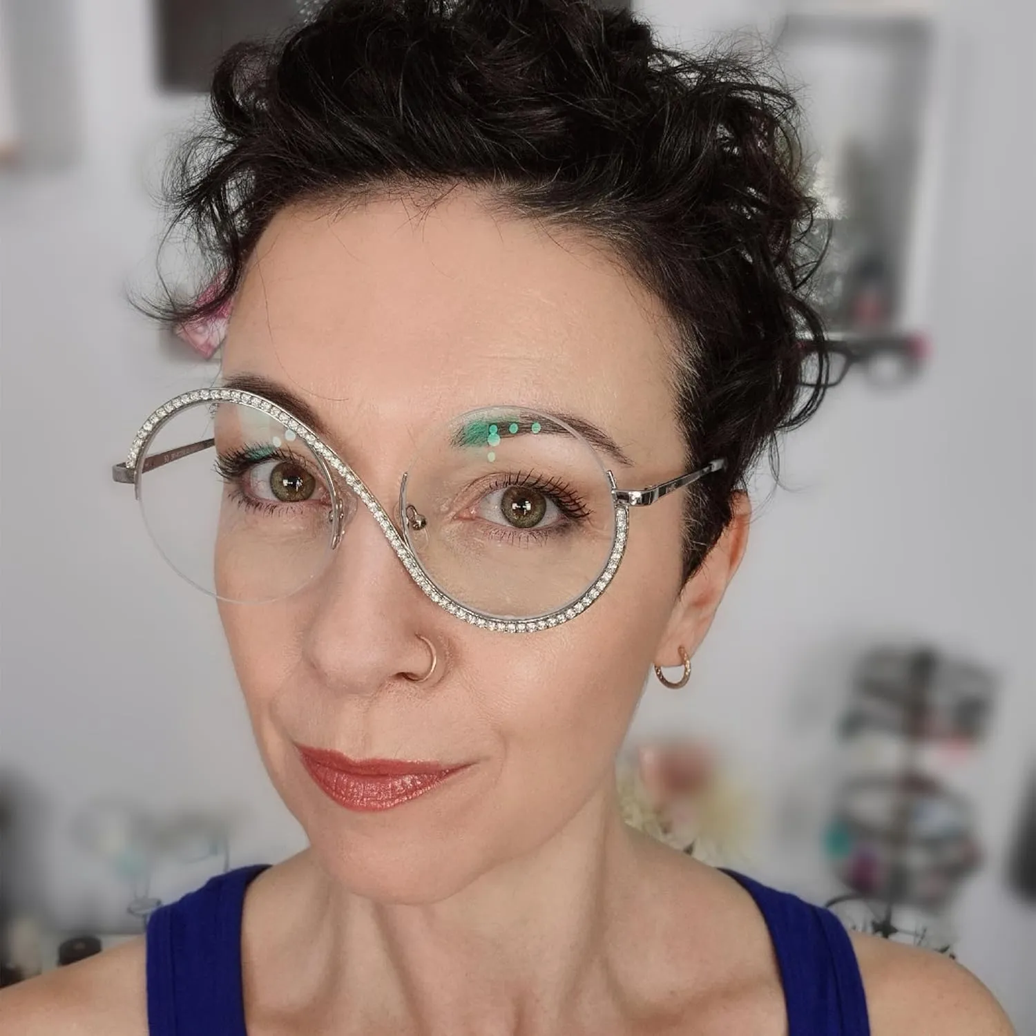 Zeelool Round Blue Light Glasses for Woman Semi-rimless Diamond Eyeglasses Half Frame Elphaba Cosplay Eyewear Glasses