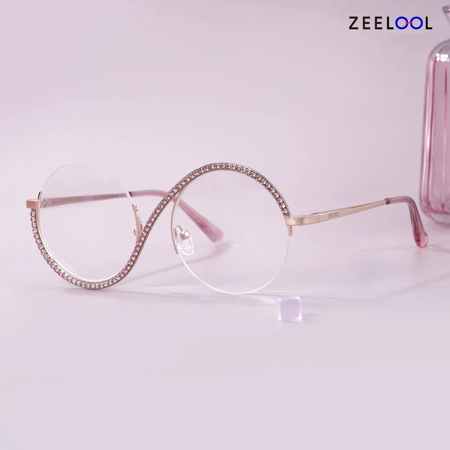 Zeelool Round Blue Light Glasses for Woman Semi-rimless Diamond Eyeglasses Half Frame Elphaba Cosplay Eyewear Glasses