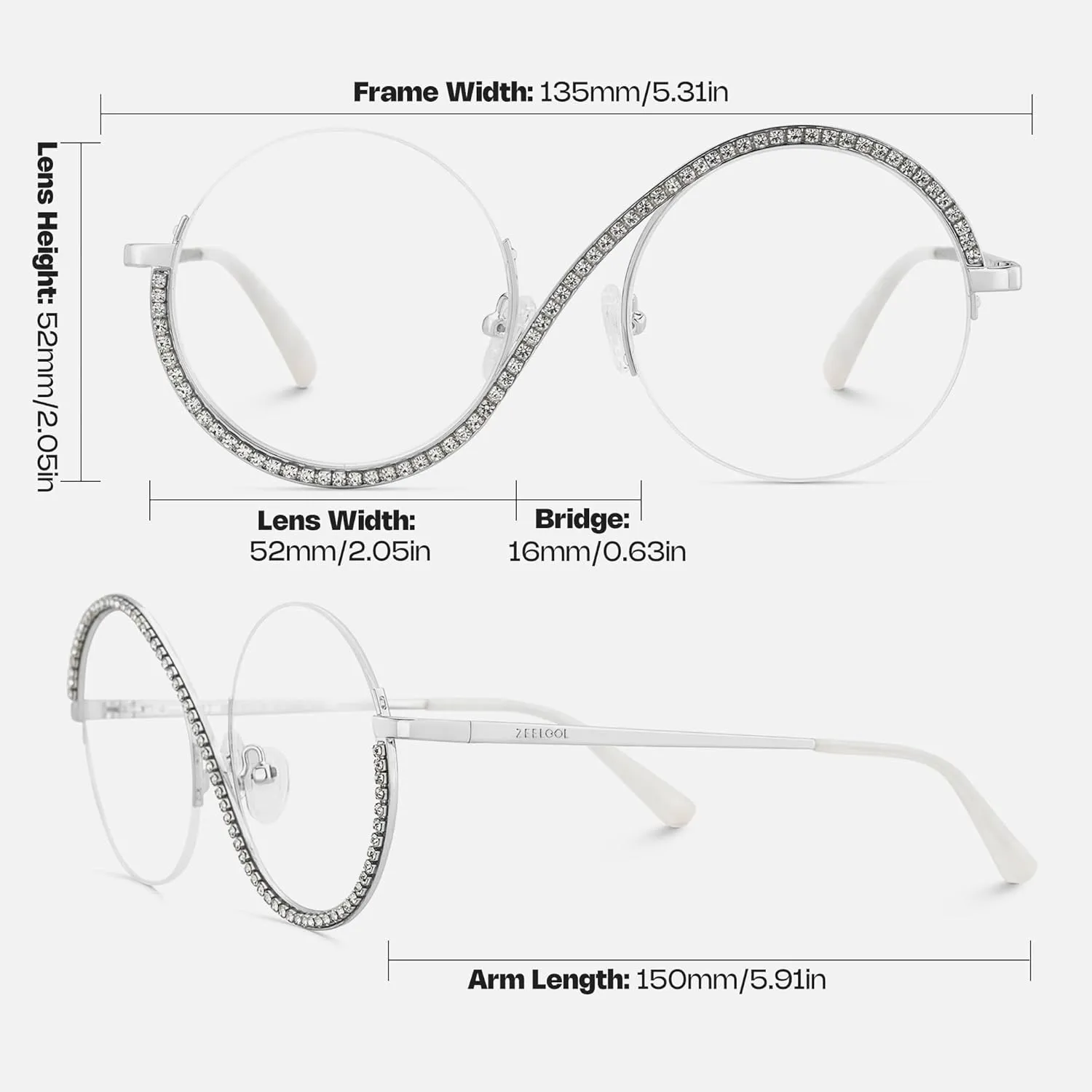 Zeelool Round Blue Light Glasses for Woman Semi-rimless Diamond Eyeglasses Half Frame Elphaba Cosplay Eyewear Glasses