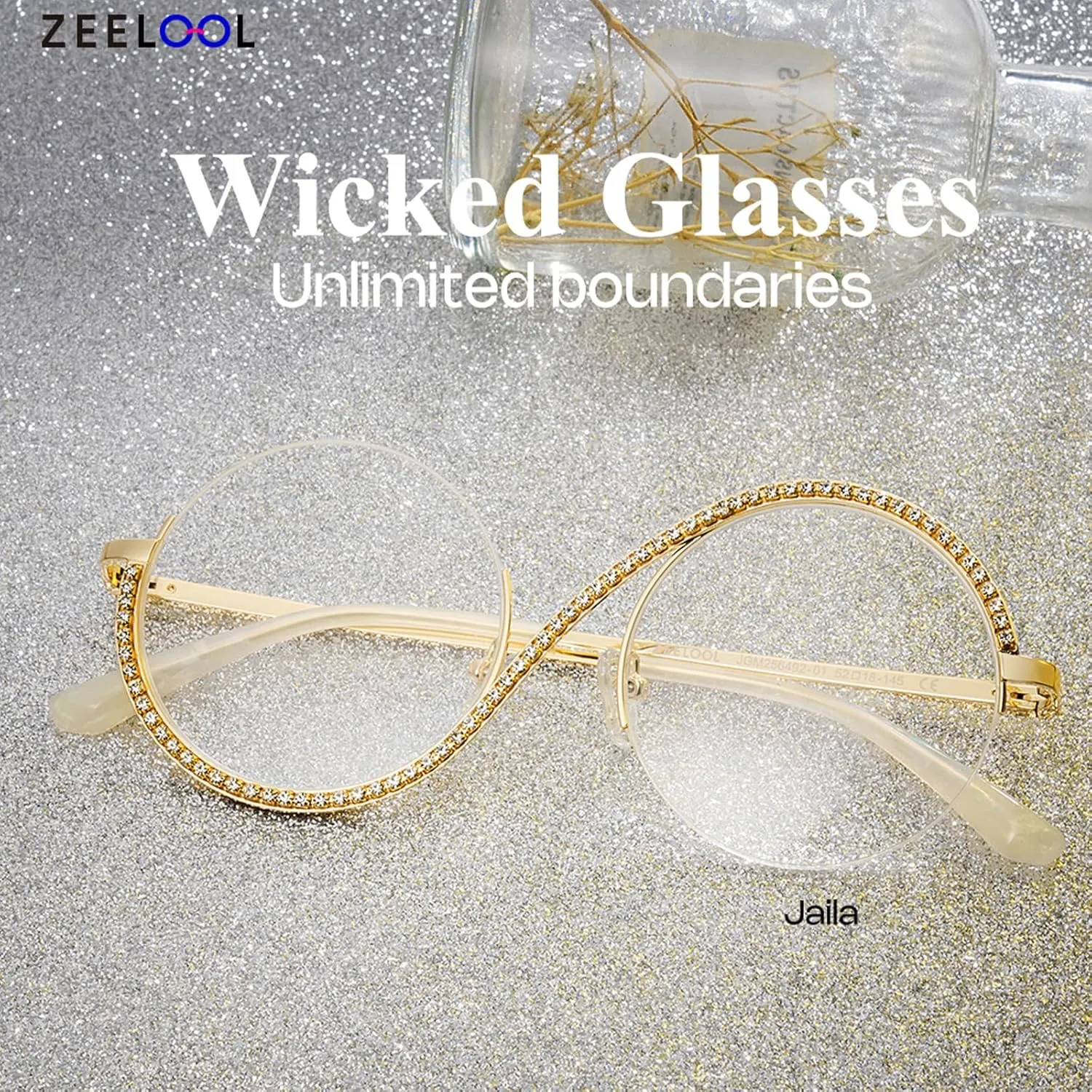 Zeelool Round Blue Light Glasses for Woman Semi-rimless Diamond Eyeglasses Half Frame Elphaba Cosplay Eyewear Glasses