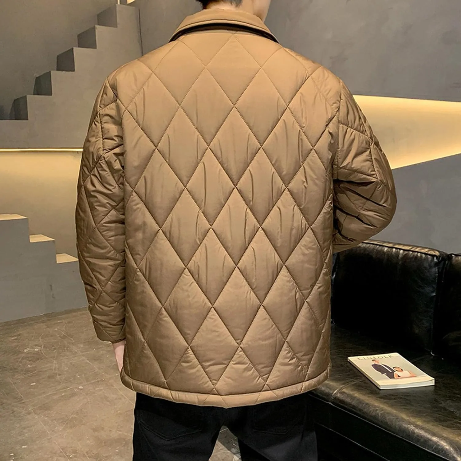 Zeiyignr Men's Diamond Quilted Puffer Down Jacket Lightweight Business Casual Button Down Shirts Lightweight Winter Warm Coat