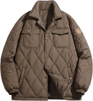 Zeiyignr Men's Diamond Quilted Puffer Down Jacket Lightweight Business Casual Button Down Shirts Lightweight Winter Warm Coat