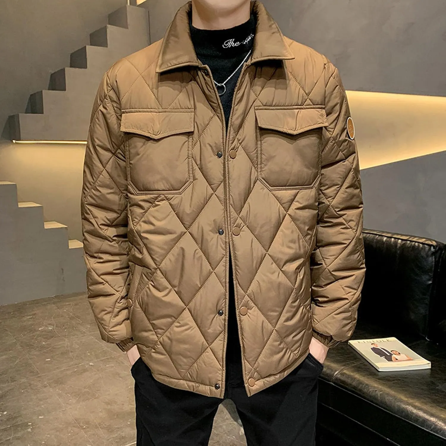 Zeiyignr Men's Diamond Quilted Puffer Down Jacket Lightweight Business Casual Button Down Shirts Lightweight Winter Warm Coat