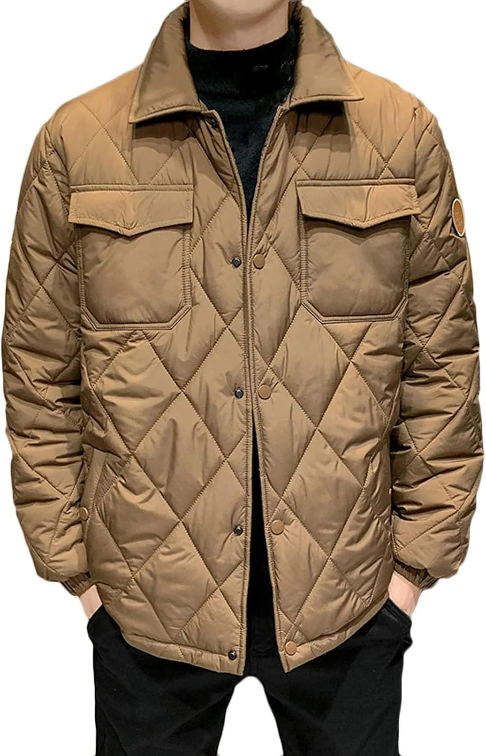 Zeiyignr Men's Diamond Quilted Puffer Down Jacket Lightweight Business Casual Button Down Shirts Lightweight Winter Warm Coat