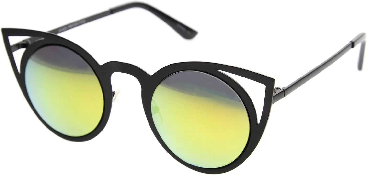 zeroUV Womens Fashion Round Metal Cut-Out Flash Mirror Lens Cat Eye Sunglasses