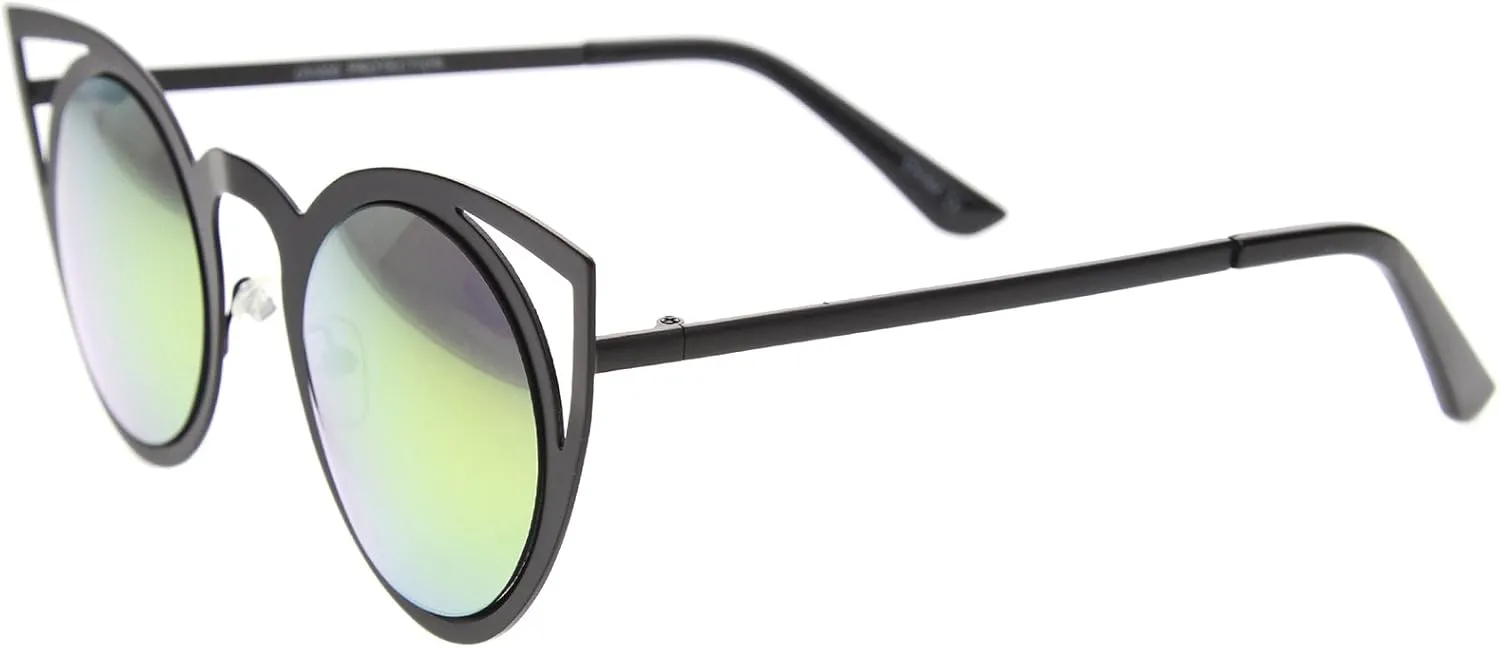 zeroUV Womens Fashion Round Metal Cut-Out Flash Mirror Lens Cat Eye Sunglasses