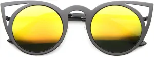 zeroUV Womens Fashion Round Metal Cut-Out Flash Mirror Lens Cat Eye Sunglasses
