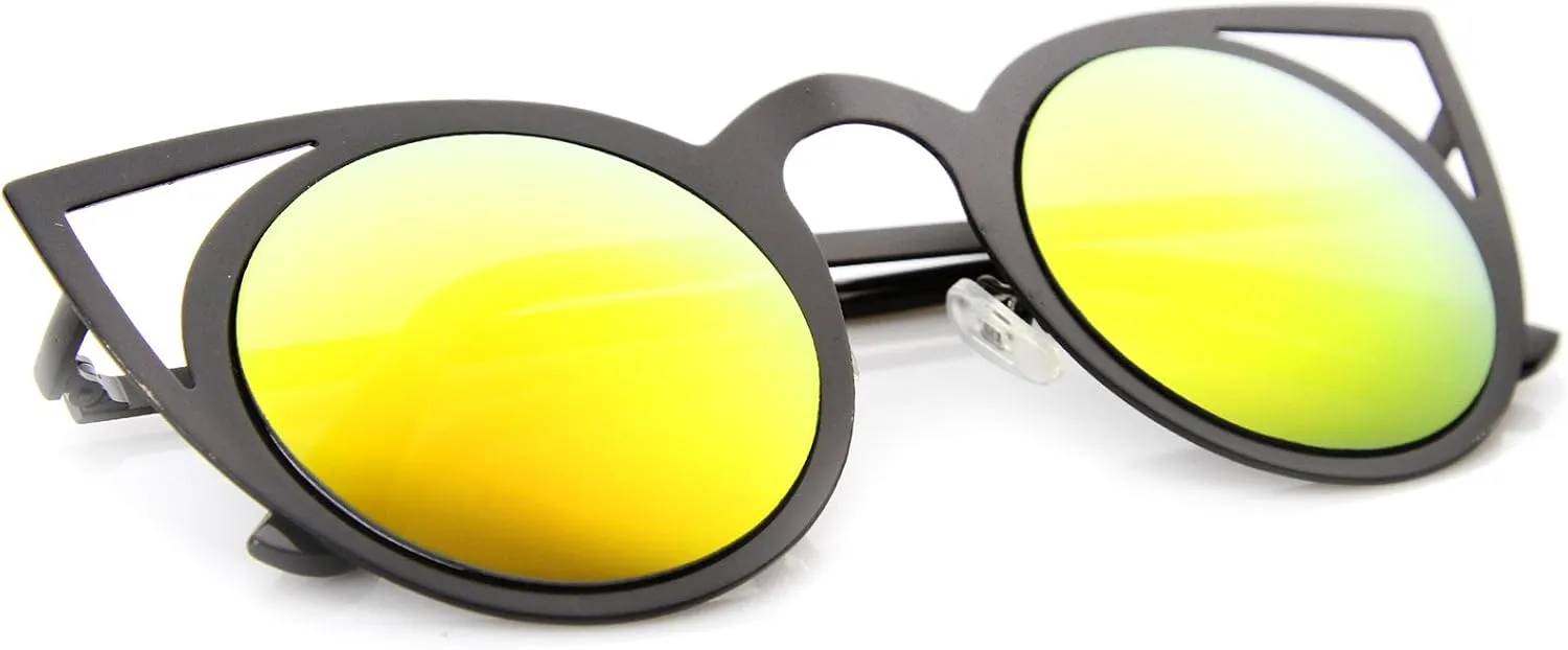 zeroUV Womens Fashion Round Metal Cut-Out Flash Mirror Lens Cat Eye Sunglasses