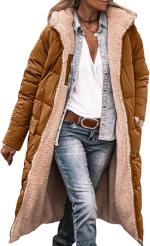 ZWRXW Womens Warm Winter Padded Coats 2023 Fashion Reversible Sherpa Fleece Lined Long Hooded Puffer Jackets Fall Clothes