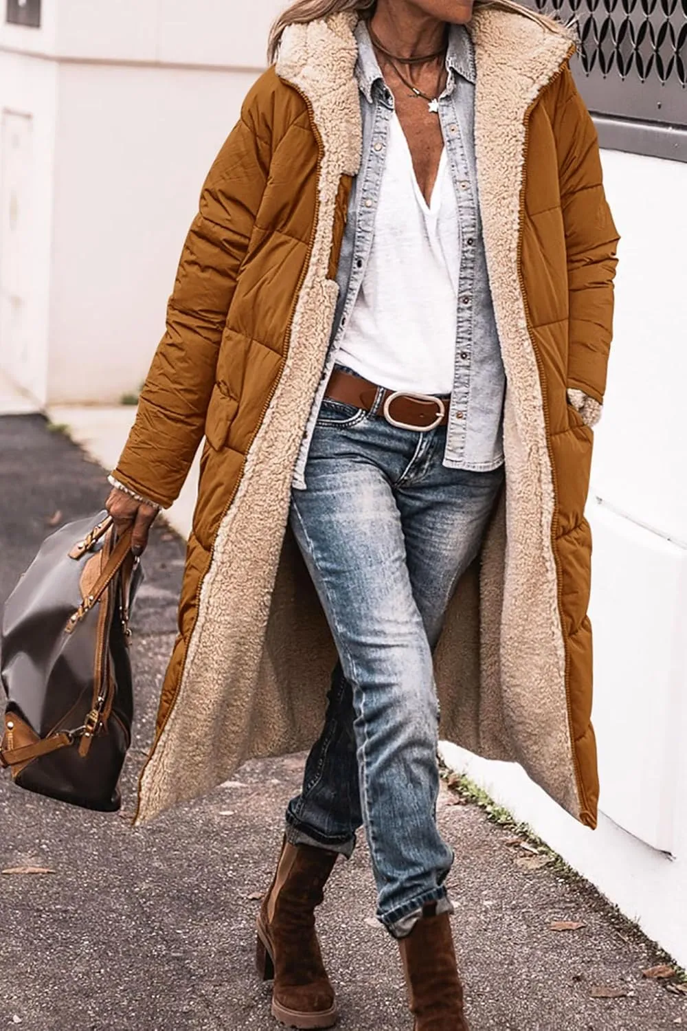 ZWRXW Womens Warm Winter Padded Coats 2023 Fashion Reversible Sherpa Fleece Lined Long Hooded Puffer Jackets Fall Clothes