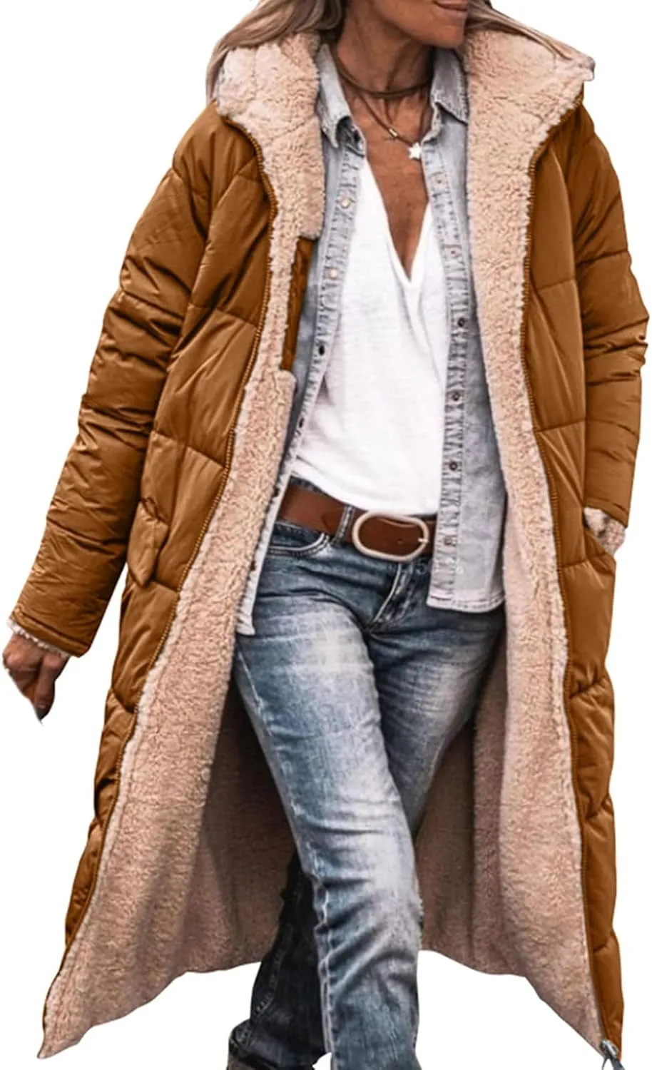 ZWRXW Womens Warm Winter Padded Coats 2023 Fashion Reversible Sherpa Fleece Lined Long Hooded Puffer Jackets Fall Clothes