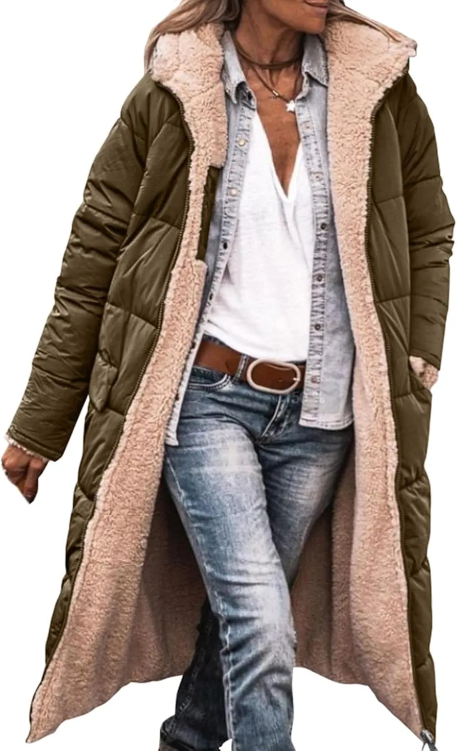ZWRXW Womens Warm Winter Padded Coats 2023 Fashion Reversible Sherpa Fleece Lined Long Hooded Puffer Jackets Fall Clothes