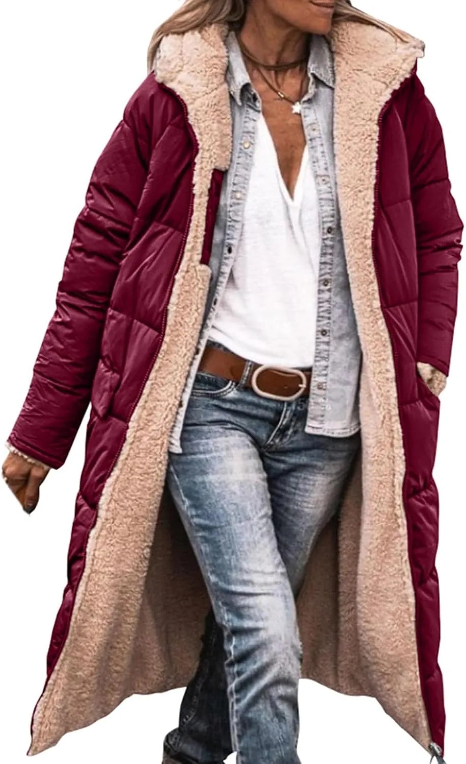 ZWRXW Womens Warm Winter Padded Coats 2023 Fashion Reversible Sherpa Fleece Lined Long Hooded Puffer Jackets Fall Clothes