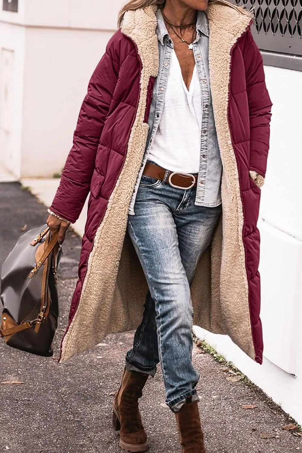 ZWRXW Womens Warm Winter Padded Coats 2023 Fashion Reversible Sherpa Fleece Lined Long Hooded Puffer Jackets Fall Clothes