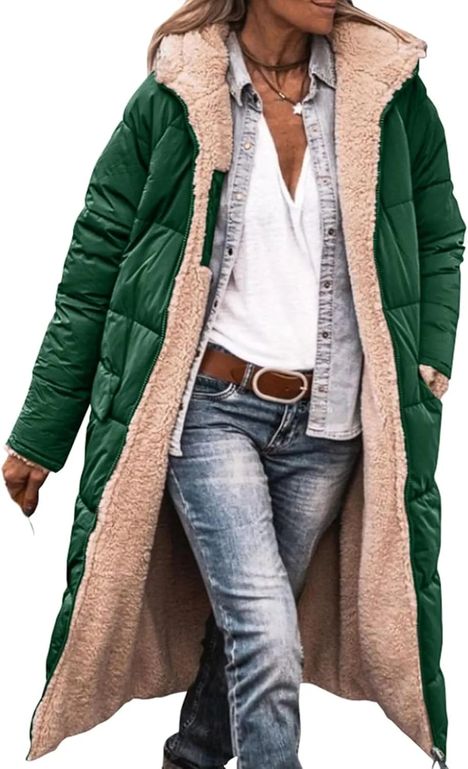 ZWRXW Womens Warm Winter Padded Coats 2023 Fashion Reversible Sherpa Fleece Lined Long Hooded Puffer Jackets Fall Clothes