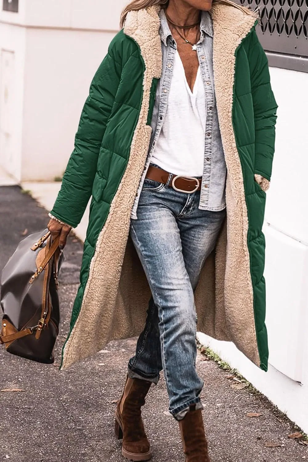 ZWRXW Womens Warm Winter Padded Coats 2023 Fashion Reversible Sherpa Fleece Lined Long Hooded Puffer Jackets Fall Clothes