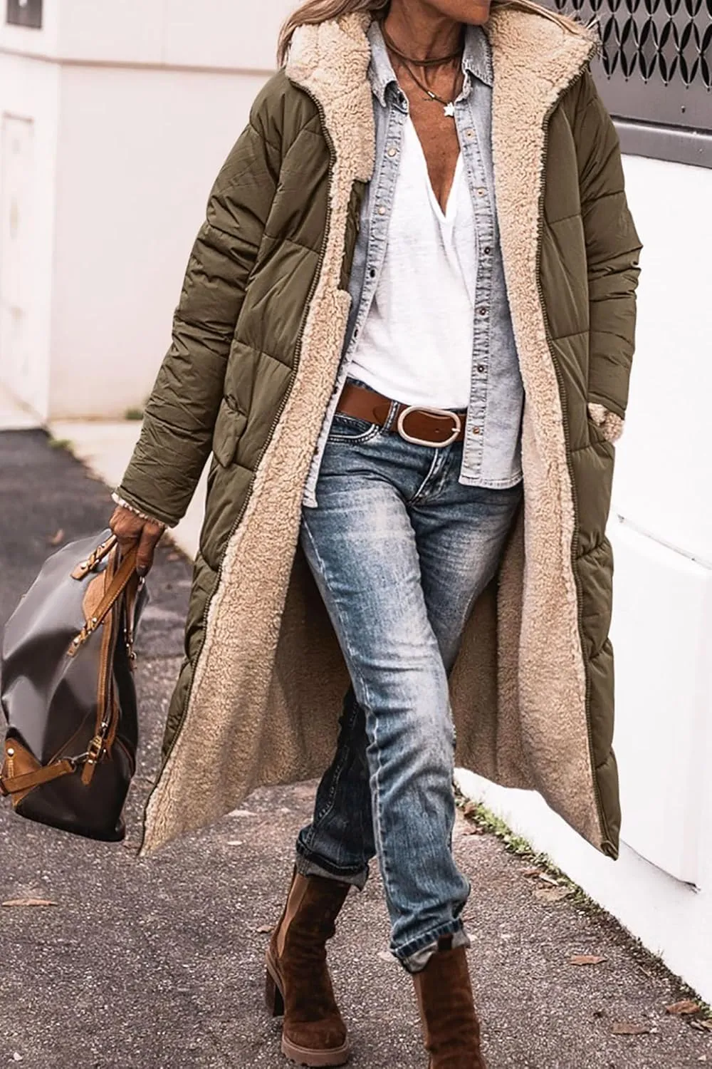 ZWRXW Womens Warm Winter Padded Coats 2023 Fashion Reversible Sherpa Fleece Lined Long Hooded Puffer Jackets Fall Clothes