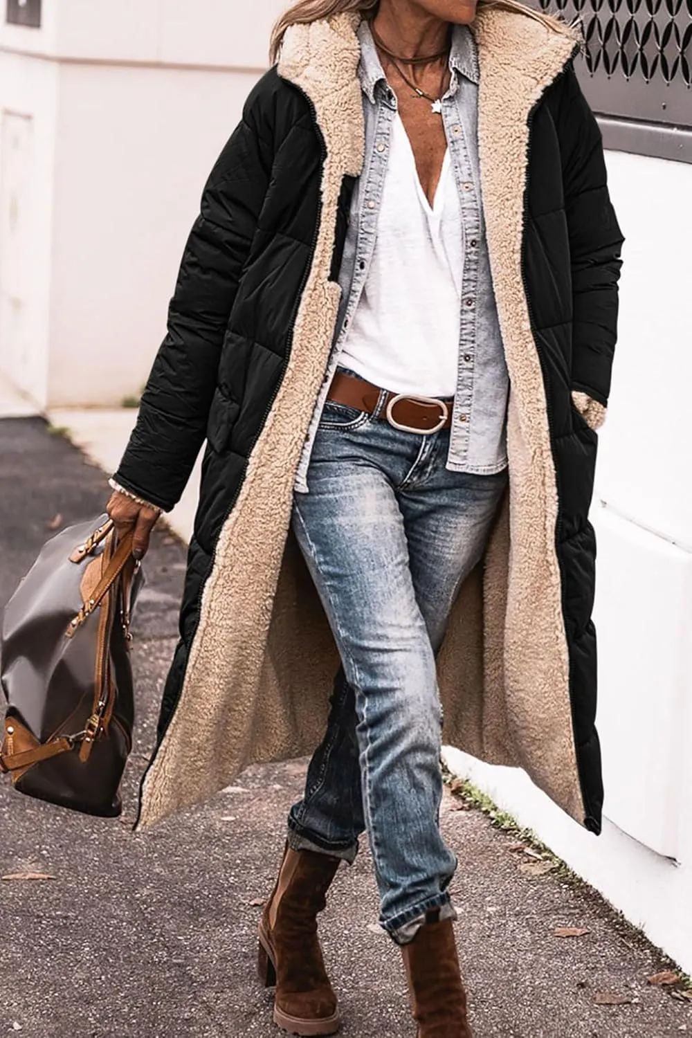 ZWRXW Womens Warm Winter Padded Coats 2023 Fashion Reversible Sherpa Fleece Lined Long Hooded Puffer Jackets Fall Clothes