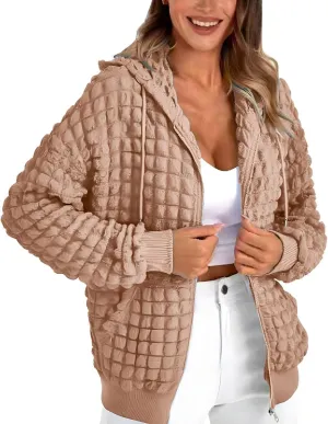ZYXTIM Women's Cute Hoodies Teen Girl Fall Jacket Waffle Textured Oversized Sweatshirts Casual Zip Up Y2K Hoodie with Pocket