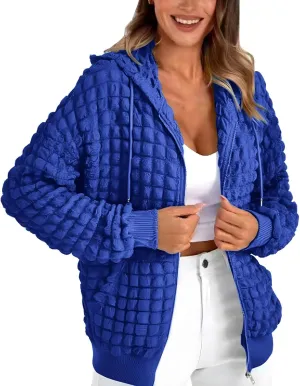ZYXTIM Women's Cute Hoodies Teen Girl Fall Jacket Waffle Textured Oversized Sweatshirts Casual Zip Up Y2K Hoodie with Pocket