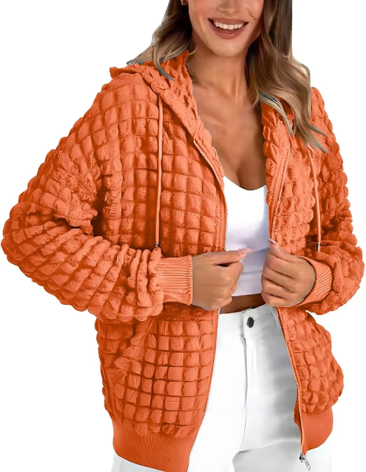 ZYXTIM Women's Cute Hoodies Teen Girl Fall Jacket Waffle Textured Oversized Sweatshirts Casual Zip Up Y2K Hoodie with Pocket